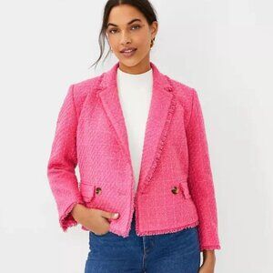 Ann Taylor Fringe Tweed Double Breasted Jacket, Pink - Size 14
